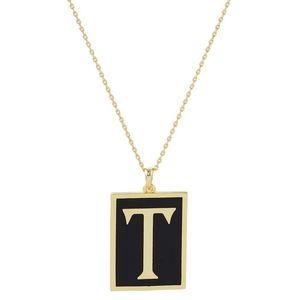 Black and Gold T Monogram Pendant Rectangle Frame Chain Necklace Initial Jewelry